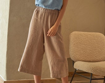 Beige linen culottes with pockets, Elastic waist wide leg pants, Wide leg brown linen trousers BOHEMIAN in Sand