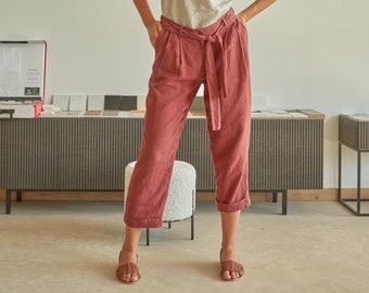 Red brown linen pants with pockets, Pleated linen trousers with belt, Brown linen trousers RYTHM in Redwood