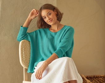 Loose teal linen knit jumper, Handknitted turquoise jumper, Oversized linen sweater BRAVERY in Aqua Blue