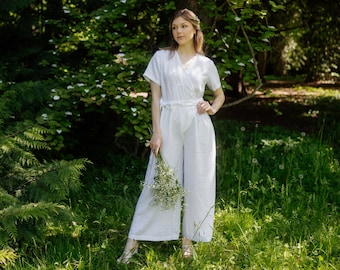SAMPLE SALE, V neck short sleeves wrap jumpsuit with pockets and belt, Culottes bottom jumpsuit NOSTALGIA in Pure white Size M