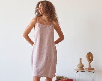 Spaghetti straps pink linen dress, Strappy linen dress with pockets, Pink linen slip dress, Pink linen camisole dress