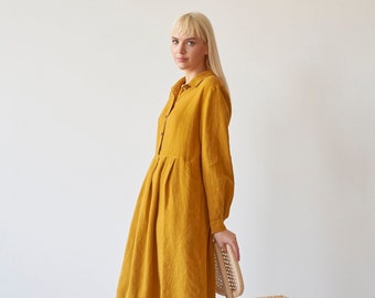 Yellow linen dress with pockets, Buttons closure peter pen collar dress , Long sleeve yellow pleated linen dress BLISS in Honey