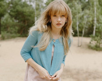 Blue linen bolero knit, Button closure cardigan, Cropped blue linen cardigan, Linen cardigan jumper in Sky Blue