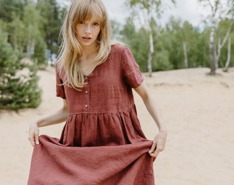 V neck short sleeves buttons front flared brown linen midi dress with pockets AURA in Redwood