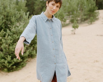 Long blue linen shirt, Button front blue linen shirt with pockets, Light blue linen tunic shirt ENERGY in Steel Blue