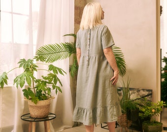 Round neck short sleeves waisted mint green linendress, Ruffled hem green linen dress with pockets, Buttoned back closure green linen dress