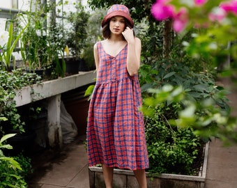 Soft V neck sleeveless checkered linen dress with pockets, Buttons front red blue linen dress, Flared linen dress AURA in Red blue checks