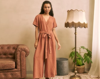 Women's wrap top linen jumpsuit with culotte legs NOSTALGIA in Terracotta shade