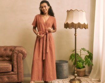 V neck short sleeves wrap orange linen jumpsuit with pockets and belt culottes bottom NOSTALGIA in Terracotta