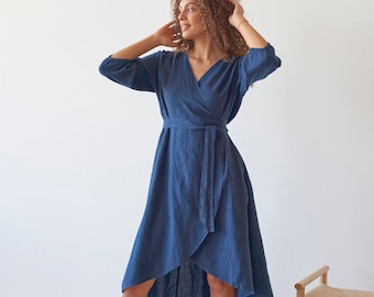 Wrap gathered sleeves asymetrical hemline blue linen bridesmaid dress, Navy wrap high low linen dress with pockets and belt PASSION in Navy