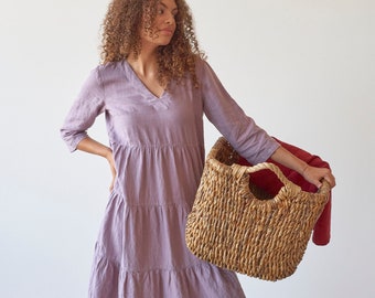 V Neck Cropped Sleeves Tiered Violet Linen Midi Dress, V Neck Mocked Purple  Linen Dress With Pockets DREAM in Lavender - Etsy