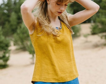 Yellow sleeveless linen tank top, Mustard sleeveless linen blouse, Minimalistic linen shirt ZEN in Honey