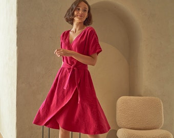 Bridesmaid linen dress, V neck wrap pink linen mini dress with pockets, Short sleeves wrap pink linen short dress with belt PASSION in Berry