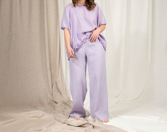 Ready to ship Straight cut elastic purple linen trousers with pockets, Elastic waist long lilac linen trousers