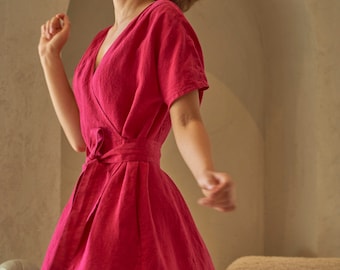 V neck short sleeves wrap pink linen mini dress with pockets, Short sleeves wrap pink linen short dress with belt PASSION in Berry