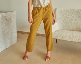 Olive linen trousers with pockets, Elastic waist khaki linen pants PLAYFUL in Olive