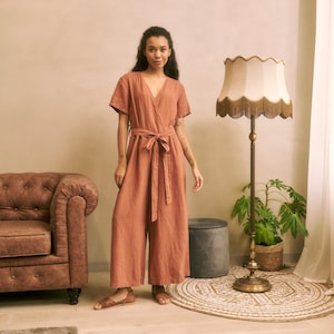 Wrap linen jumpsuit, short sleeves linen jumpsuit, terracotta linen jumpsuit, wide legs linen jumpsuit, culottes linen jumpsuit