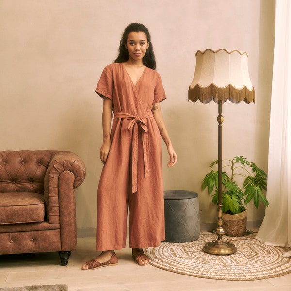 V neck wrap orange linen jumpsuit with pockets, Wrap wide legs orange linen jumpsuit with belt NOSTALGIA in Terracotta