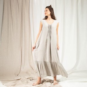 Ready to ship Scoop neck tucks decorated short sleeves dress with pockets, Beige maxi linen dress with ruffled hem image 1