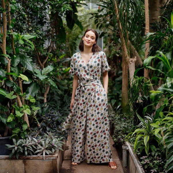 V neck short sleeves wrap botanical linen jumpsuit with pockets and belt culottes bottom NOSTALGIA in Colorful bloom