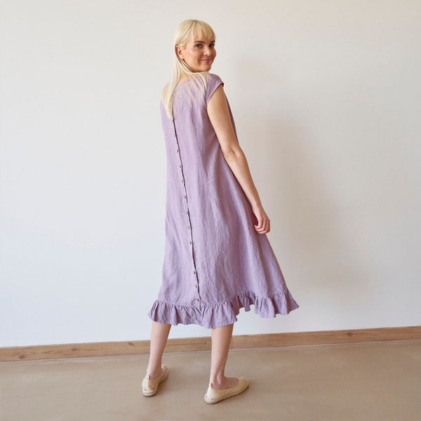 Bridesmaid linen dress, Boat neck cap sleeves flared purple dress, Lilac linen midi dress with ruffled hem and side pockets GLOW in Lavender