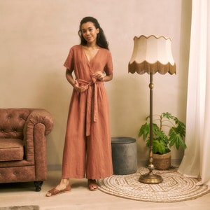 Wrap linen jumpsuit, terracotta linen jumpsuit, orange linen jumpsuit wide trousers, linen jumpsuit with belt, pockets linen jumpsuit, v neck linen jumpsuit