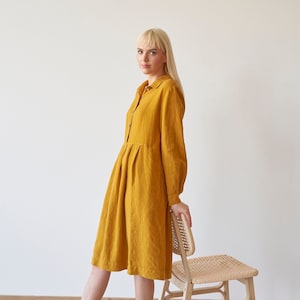Yellow linen dress with pockets, Buttons closure peter pen collar dress , Long sleeve yellow pleated linen dress BLISS in Honey