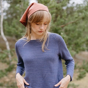 Round neck cropped sleeves purple linen knit sweater, Mélange violet linen yarn pullover, Handknitted linen jumper in Violet