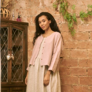 Collarless pink cropped linen jacket, Cropped sleeves boxy pink linen blazer IMPRESSION in Vintage Rose