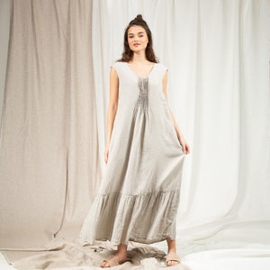 Ready to ship Scoop neck tucks decorated short sleeves dress with pockets, Beige maxi linen dress with ruffled hem image 3