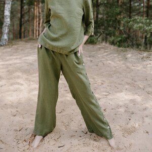 Women Green Pockets Elastic Waist Linen Pants Summer CG1053
