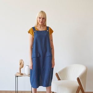 Strappy navy linen overall dress with pockets, Strappy buttons decorated dark blue linen overall dress with pockets DIALOGUE in Navy