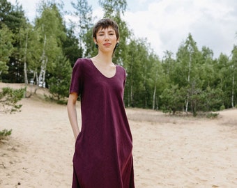 Scoop neck short sleeves purple maxi linen dress, Long linen dress with side pockets in Plum