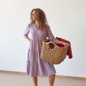 V Neck Cropped Sleeves Tiered Violet Linen Midi Dress, V Neck Mocked Purple  Linen Dress With Pockets DREAM in Lavender - Etsy