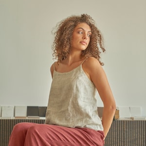 Spaghetti straps round neck striped linen top blouse, Sleeveless striped linen top tank, Strappy linen camisole GENTLENESS in Striped Linen