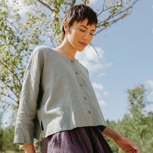 Mint green linen cropped shirt jacket with buttons closure, Collarless boxy green linen jacket blouse with cropped sleeve IMPRESSION in Sage