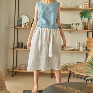 SAMPLE SALE White linen midi skirt with pockets, White circle linen midi skirt with belt FLOW in Pure White Size M