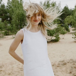White sleeveless linen dress with pockets, Short minimalistic linen dress MINIMAL in Pure White