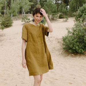 Kimono sleeves khaki linen dress with pockets, Olive linen mini dress with belt, Waisted khaki short linen dress KIMONO in Olive