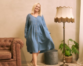 Buttons front long sleeves flared bue linen midi dress with pockets CHARISMA in Denim