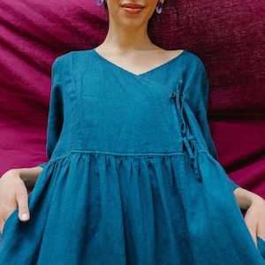 Ready to ship V neck wrap laces teal linen dress, Three quarters cropped sleeves teal blue dress with pockets  MAGIC in Turquoise Size L