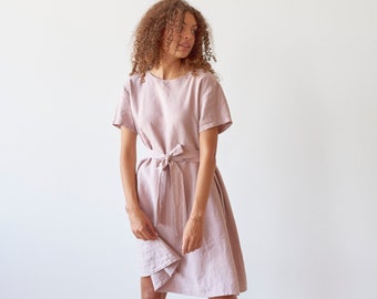 Flared pink bridesmaid linen dress with belt, Boat neck short sleeves pink linen dress with pockets SECRET in Vintage Rose