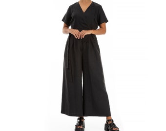 Ready to ship / Wrap linen jumpsuit - black linen jumpsuit - culottes jumpsuit - linen jumpsuit NOSTALGIA in Black Size S