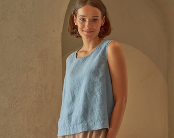 Sleeveless light blue linen crop top, High low hem blue linen vest top CHARM in Steel Blue