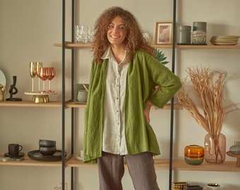 Green linen jacket blazer, Open type khaki linen jacket, Long sleeves linen duster coat NICHE in Moss Green