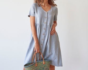 V neck buttons front short sleeves gray short linen dress, Flared gray linen dress with pockets