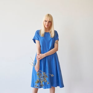 Asymmetric front dress, asymmetric linen dress, blue linen dress, short sleeves linen dress, midi linen dress