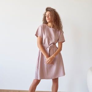 Ready to ship Boat neck short sleeves pink linen dress with pockets, Flared pink linen dress with belt SECRET in Vintage Rose Size L