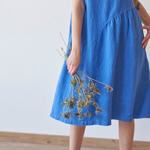 Asymmetric front dress, asymmetric linen dress, blue linen dress, short sleeves linen dress, midi linen dress