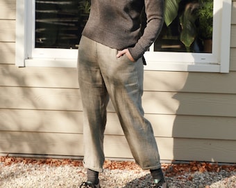 Pantalón de lino grueso jaspeado con bolsillos, Pantalón de lino grueso plisado, Pantalón de lino hasta el tobillo con cintura elástica BALANCE en jaspeado salvia